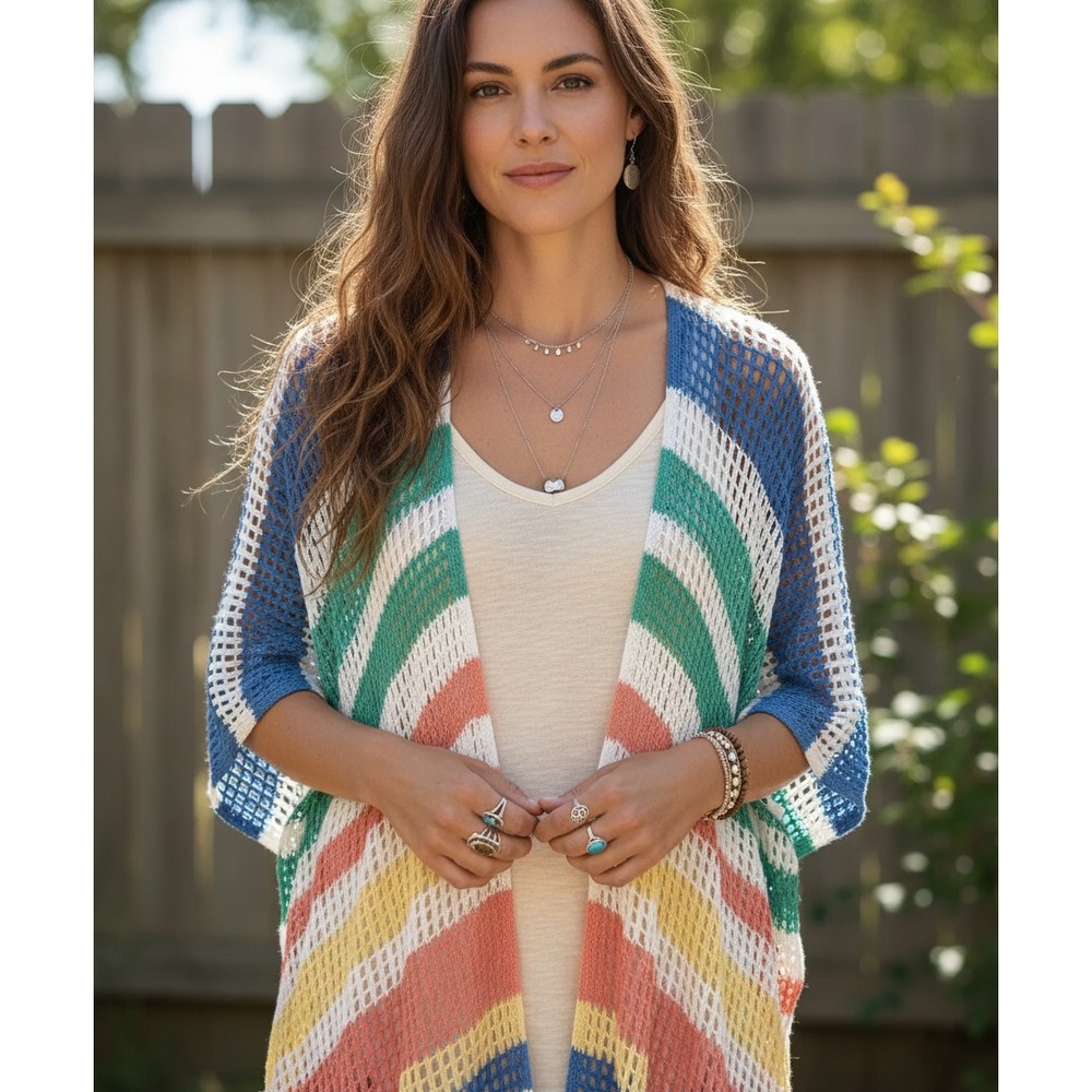 NEW No Boundaries S M Cardigan Kimono White Stripe Boho Cottage Coastal Resortβ